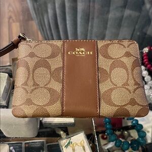 Coach Signature Brown and Tan Wristlet